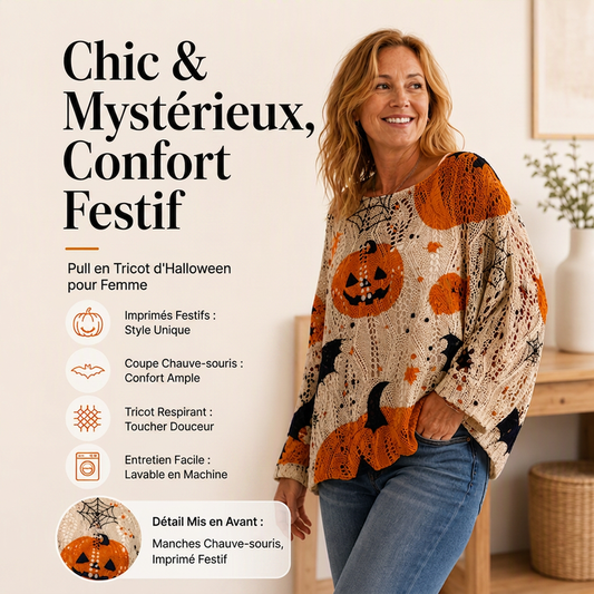 Haut en tricot au crochet avec motif citrouille d'Halloween pour femme