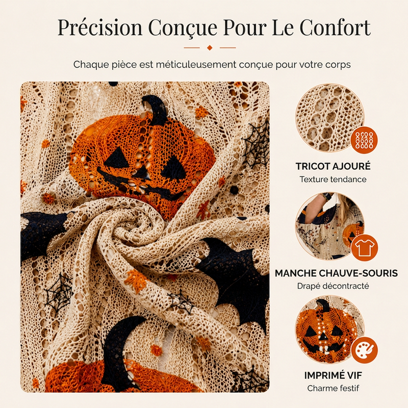 Haut en tricot au crochet avec motif citrouille d'Halloween pour femme