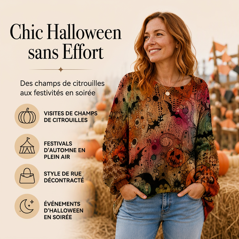 Haut en tricot au crochet avec motif citrouille d'Halloween pour femme