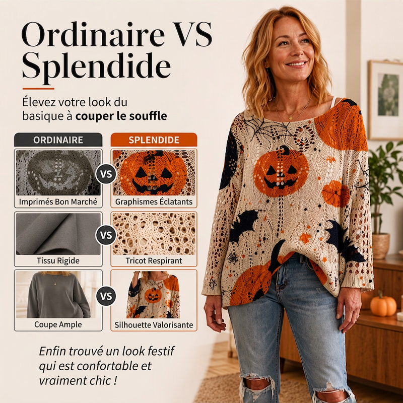 Haut en tricot au crochet avec motif citrouille d'Halloween pour femme