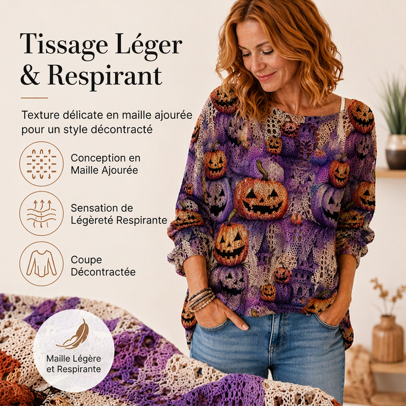 Haut en tricot au crochet avec motif citrouille d'Halloween pour femme