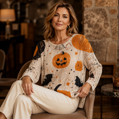 Haut en tricot au crochet avec motif citrouille d'Halloween pour femme