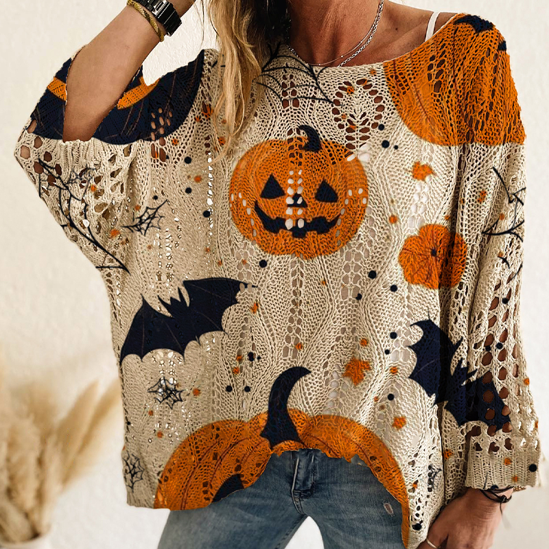 Haut en tricot au crochet avec motif citrouille d'Halloween pour femme