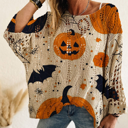 Haut en tricot au crochet avec motif citrouille d'Halloween pour femme
