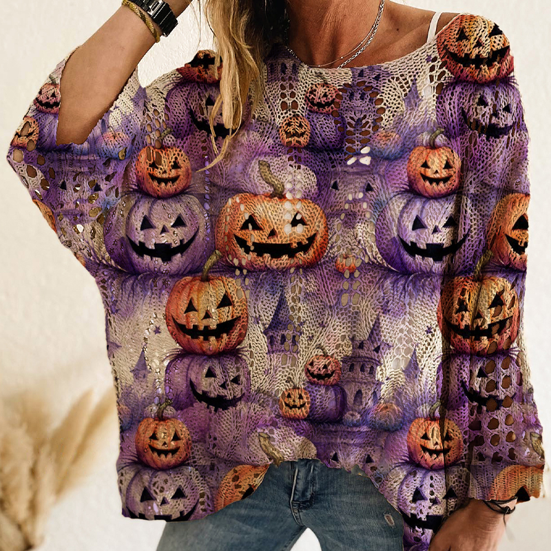 Haut en tricot au crochet avec motif citrouille d'Halloween pour femme