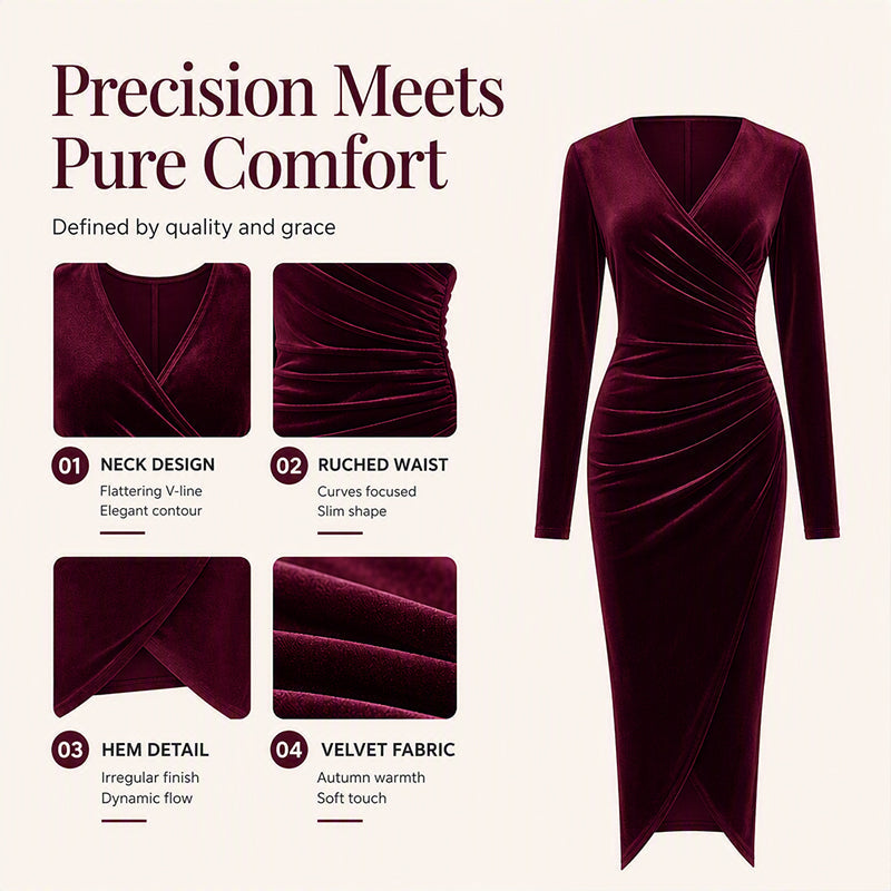 Robe moulante en velours à col V et fronces pour femme