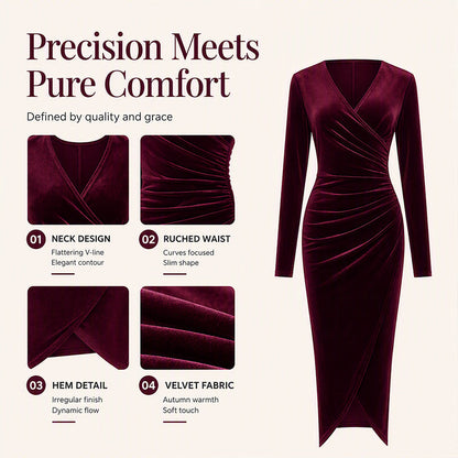 Robe moulante en velours à col V et fronces pour femme