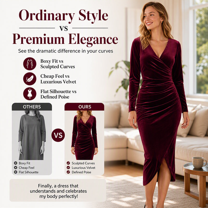 Robe moulante en velours à col V et fronces pour femme