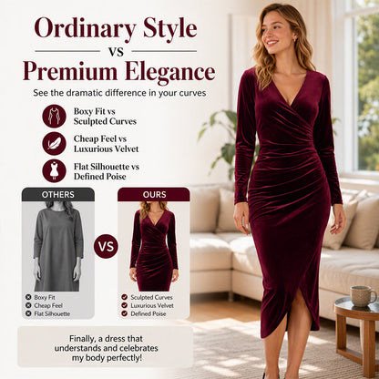 Robe moulante en velours à col V et fronces pour femme