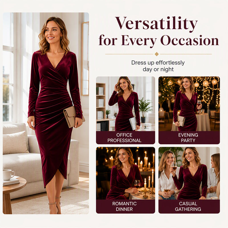 Robe moulante en velours à col V et fronces pour femme