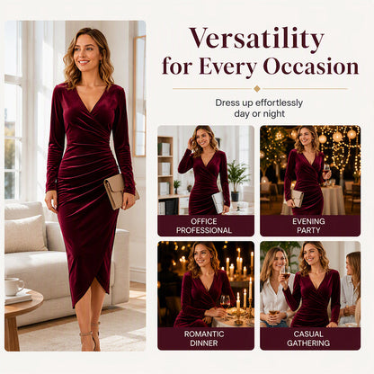 Robe moulante en velours à col V et fronces pour femme