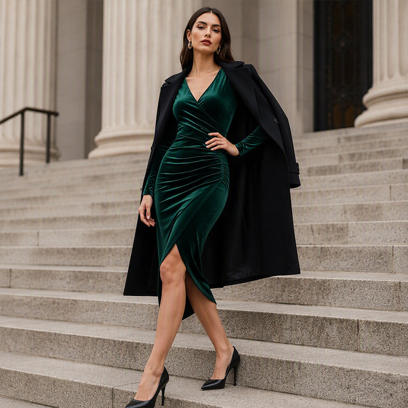 Robe moulante en velours à col V et fronces pour femme