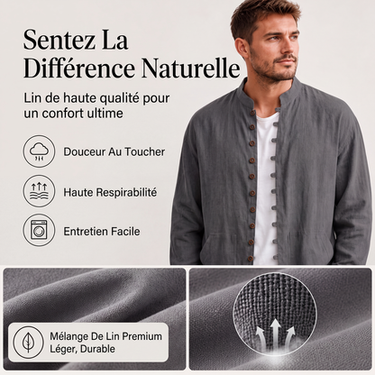 Chemise décontractée à col montant pour homme, manches longues