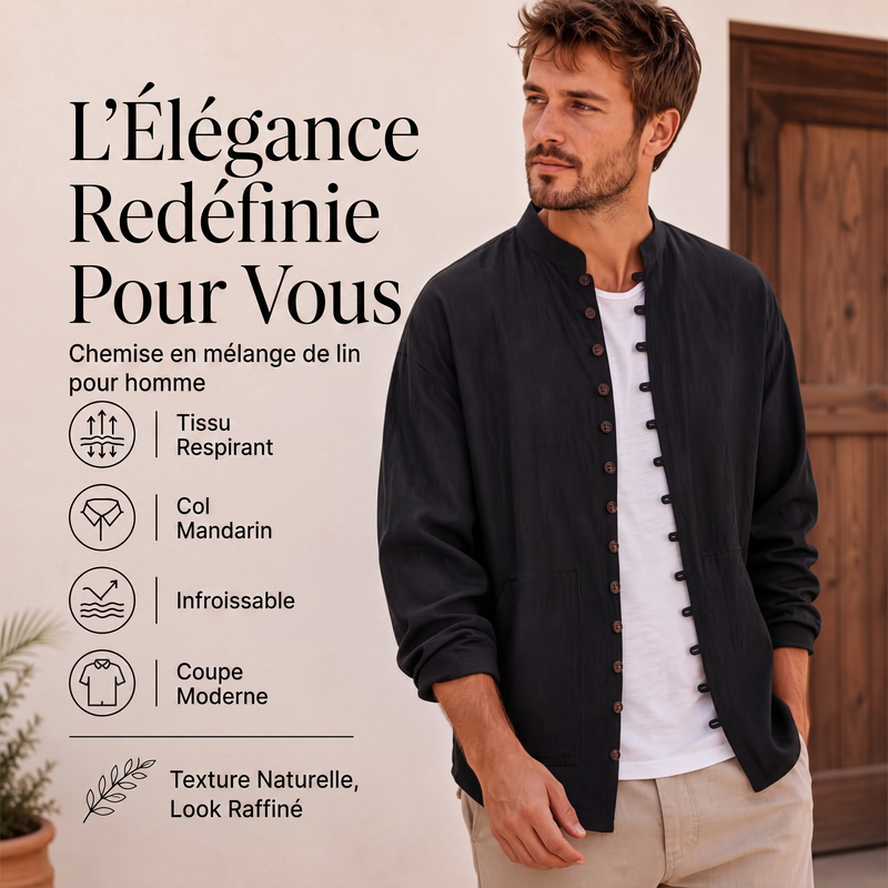 Chemise décontractée à col montant pour homme, manches longues
