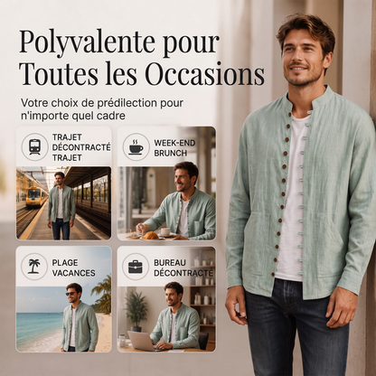 Chemise décontractée à col montant pour homme, manches longues