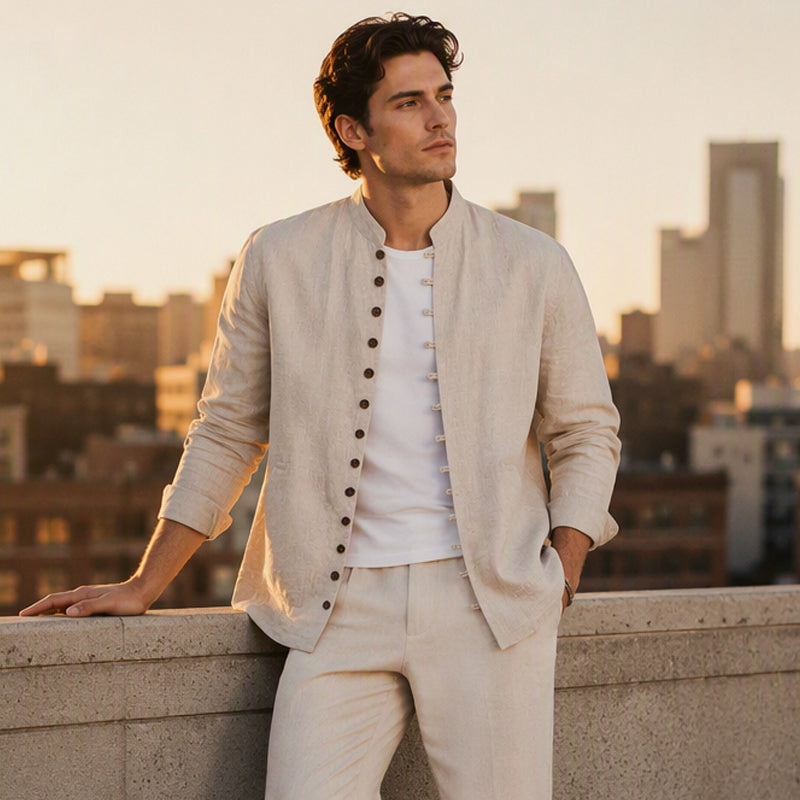 Chemise décontractée à col montant pour homme, manches longues