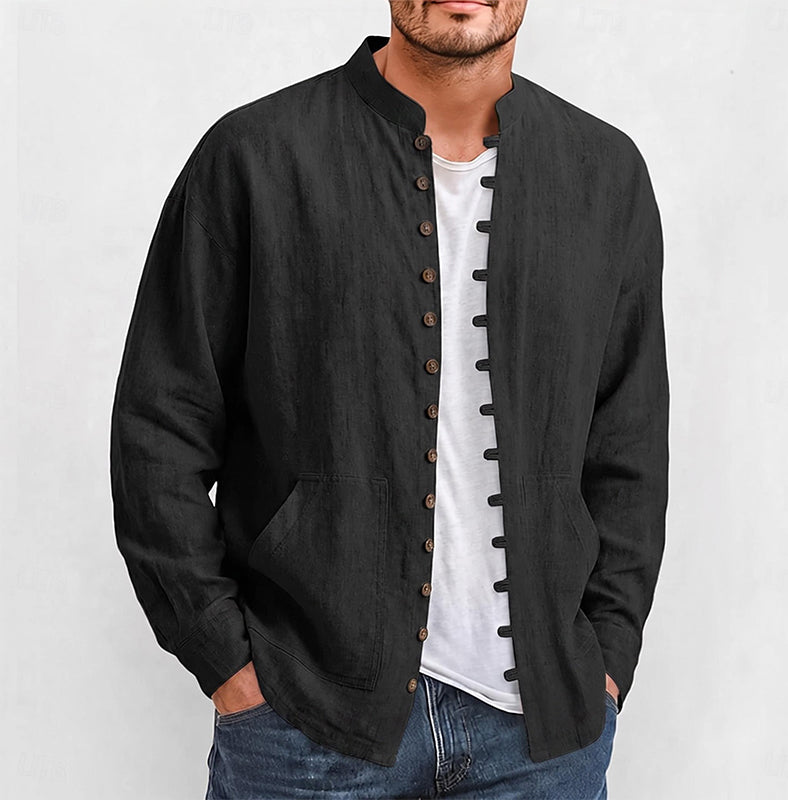 Chemise décontractée à col montant pour homme, manches longues