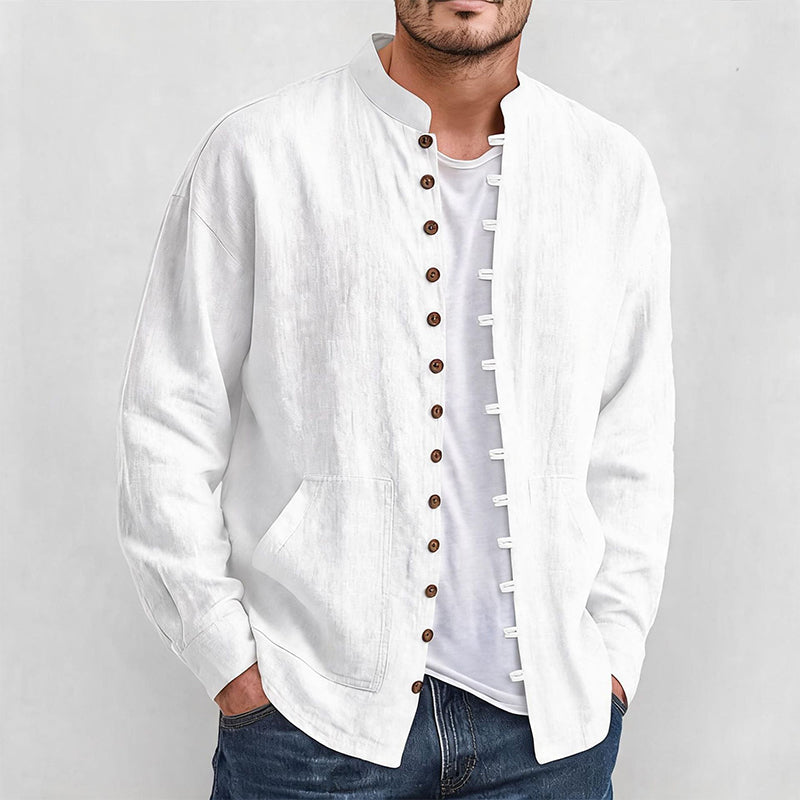 Chemise décontractée à col montant pour homme, manches longues