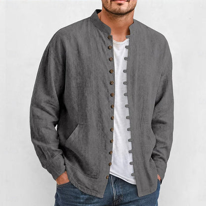 Chemise décontractée à col montant pour homme, manches longues