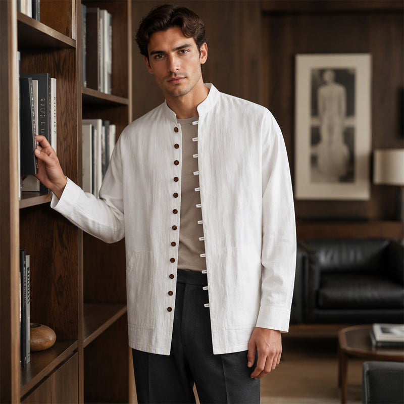 Chemise décontractée à col montant pour homme, manches longues