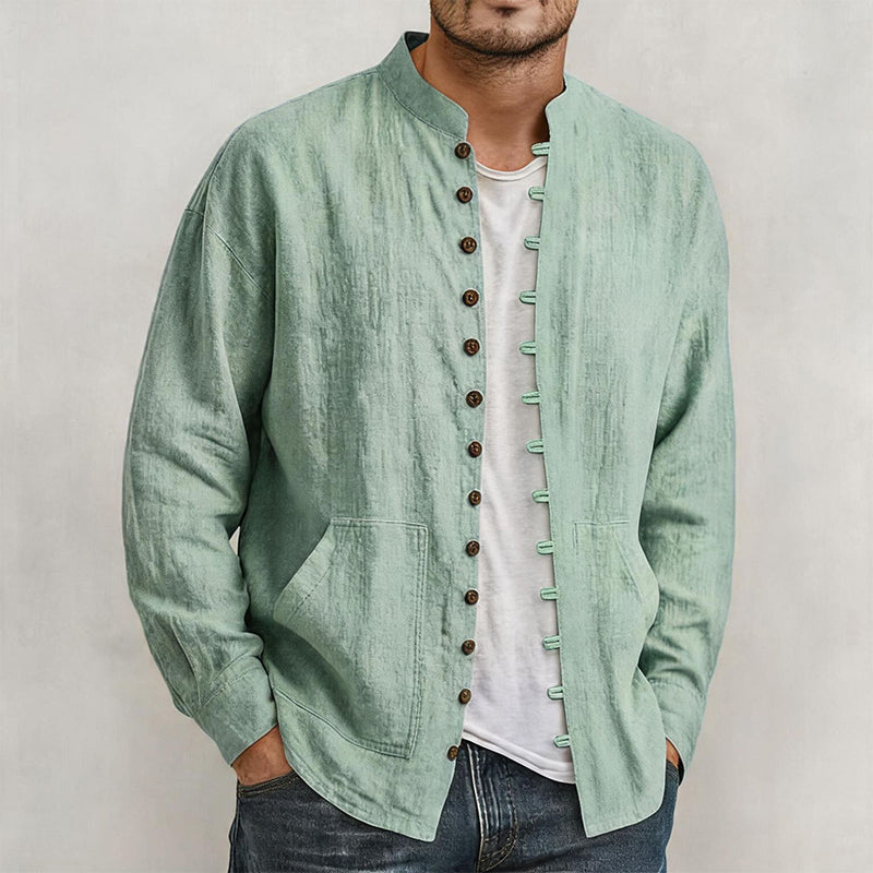 Chemise décontractée à col montant pour homme, manches longues