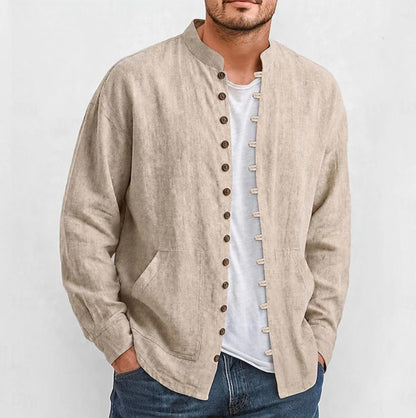 Chemise décontractée à col montant pour homme, manches longues