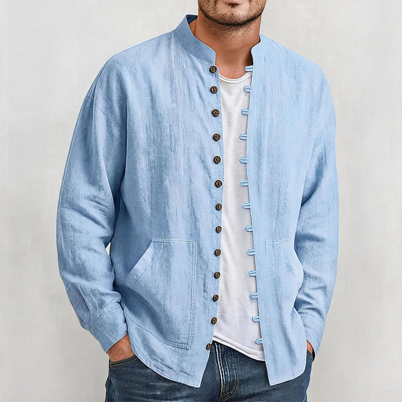 Chemise décontractée à col montant pour homme, manches longues