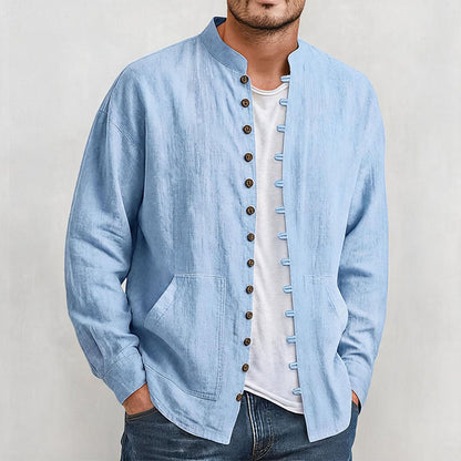 Chemise décontractée à col montant pour homme, manches longues