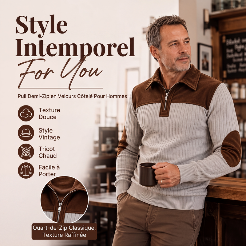 Pull en maille velours côtelé à col demi-zip pour homme