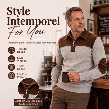 Pull en maille velours côtelé à col demi-zip pour homme