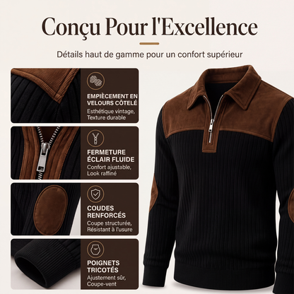 Pull en maille velours côtelé à col demi-zip pour homme