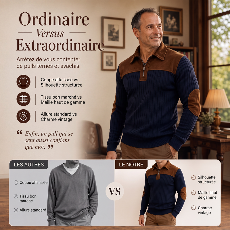 Pull en maille velours côtelé à col demi-zip pour homme