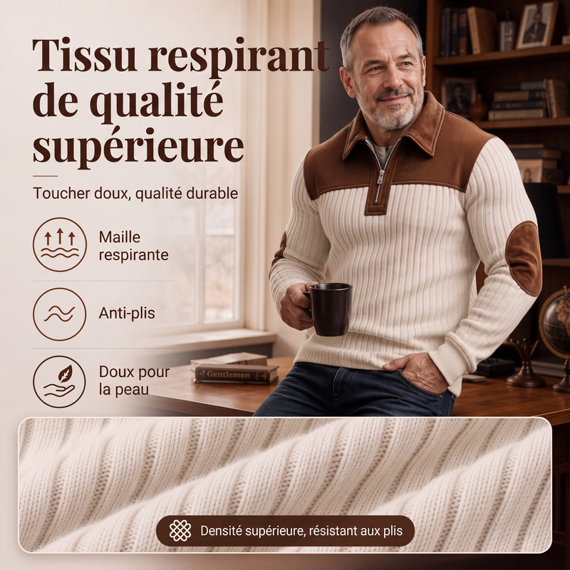 Pull en maille velours côtelé à col demi-zip pour homme