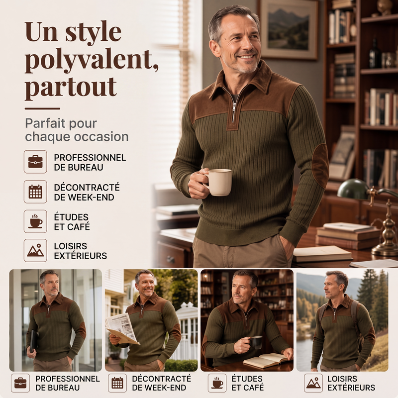 Pull en maille velours côtelé à col demi-zip pour homme