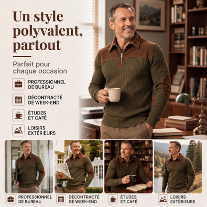 Pull en maille velours côtelé à col demi-zip pour homme