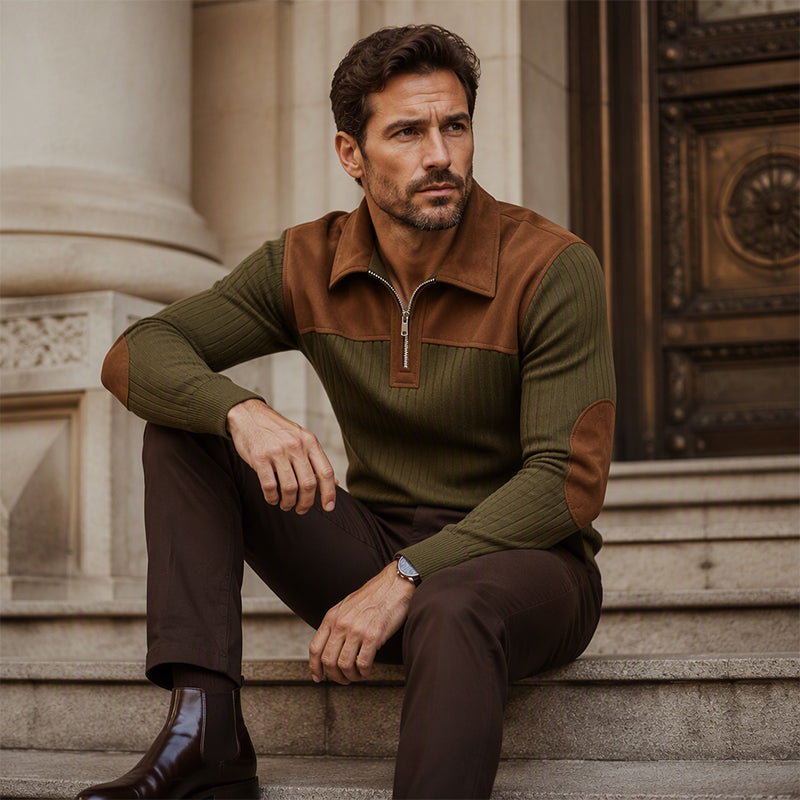 Pull en maille velours côtelé à col demi-zip pour homme