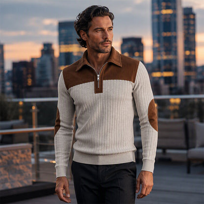 Pull en maille velours côtelé à col demi-zip pour homme