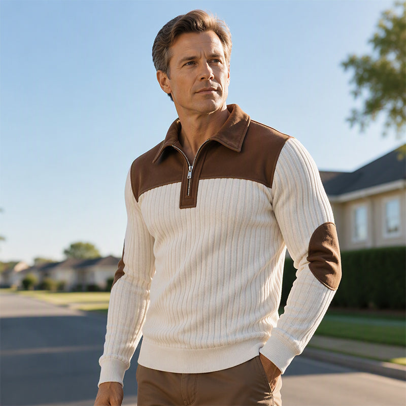 Pull en maille velours côtelé à col demi-zip pour homme