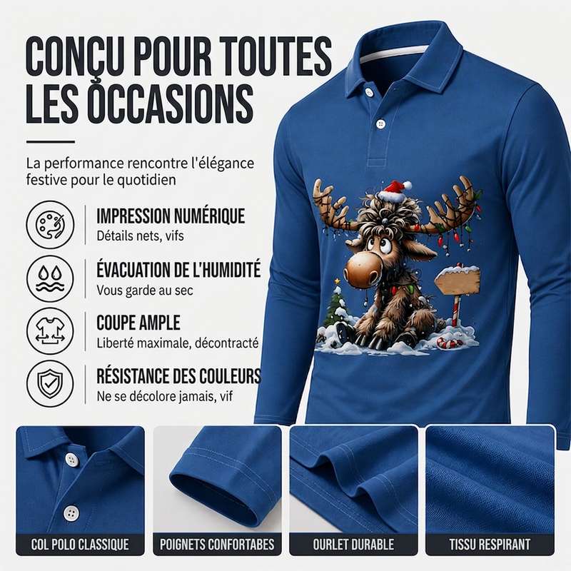 Haut à col pour homme à motif d'élan à manches longues