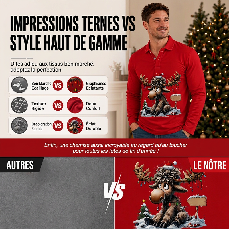 Haut à col pour homme à motif d'élan à manches longues