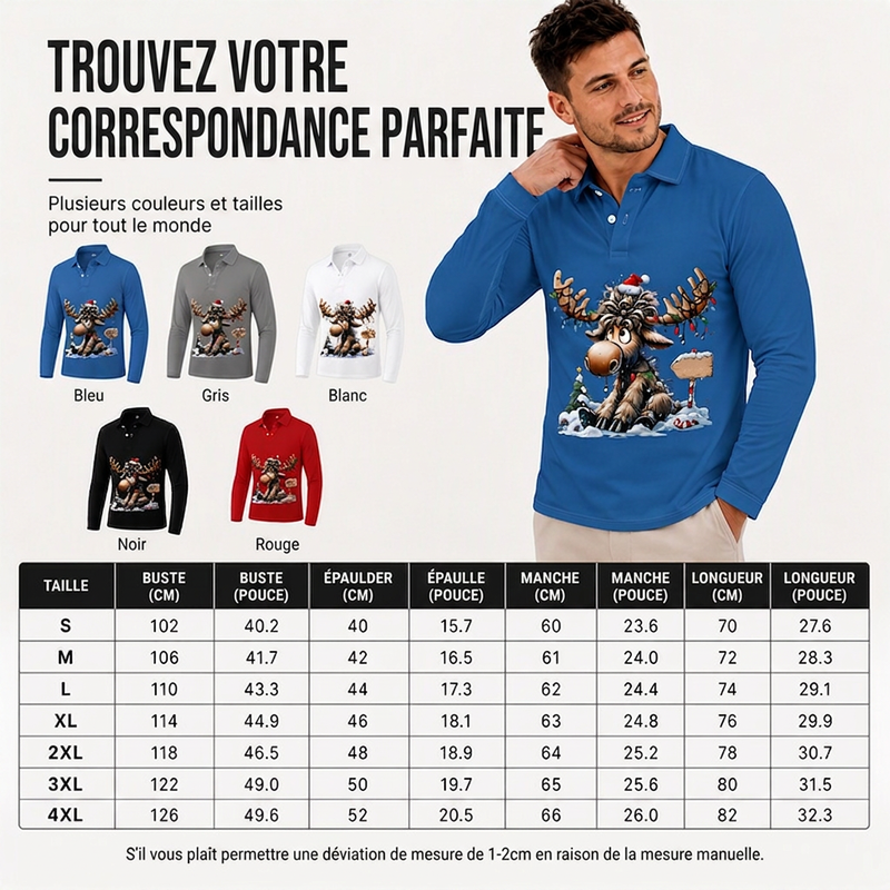 Haut à col pour homme à motif d'élan à manches longues