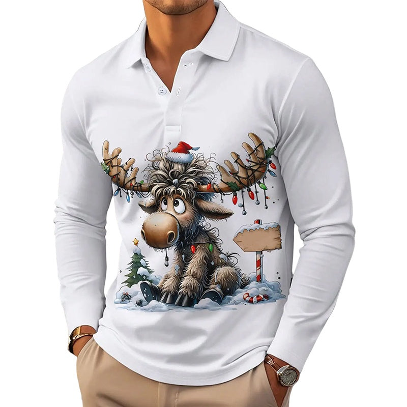 Haut à col pour homme à motif d'élan à manches longues