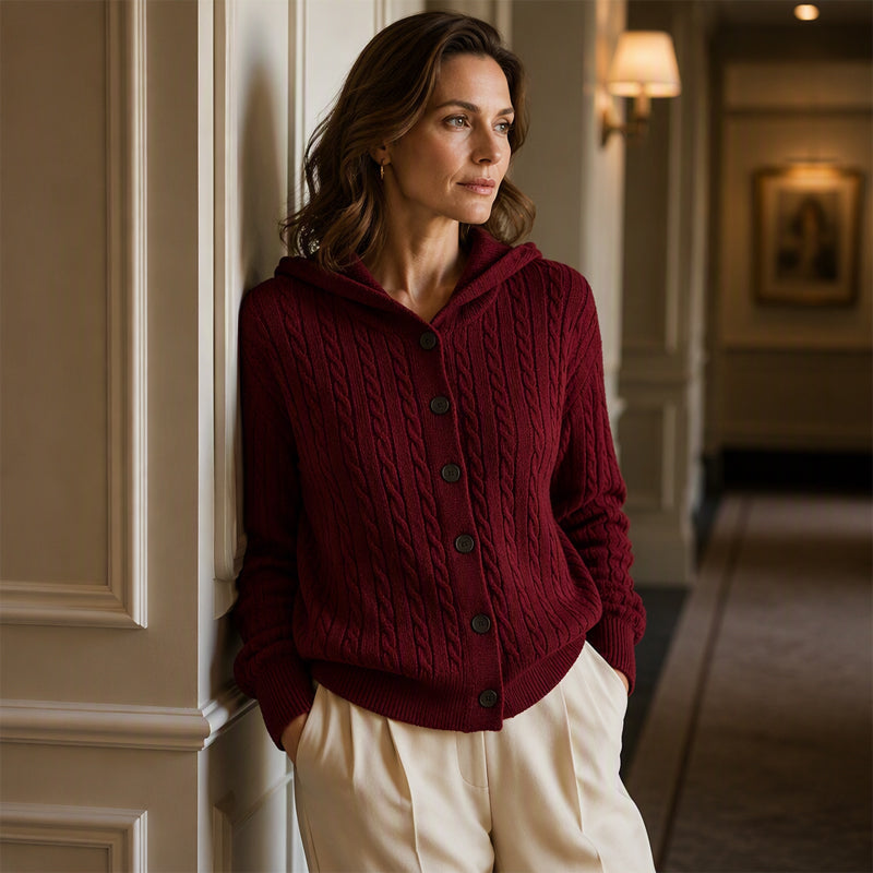 Cardigan à capuche en maille tressée pour femme