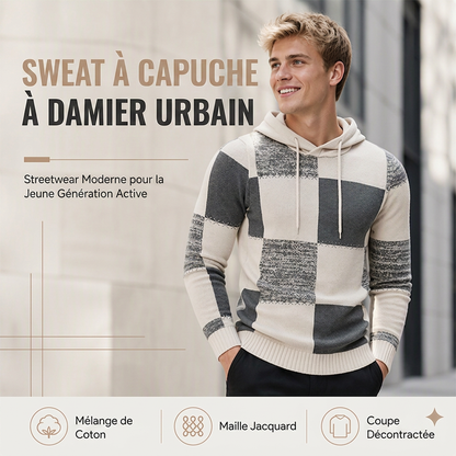 Pull en maille à capuche pour homme, style décontracté, avec patchwork à carreaux