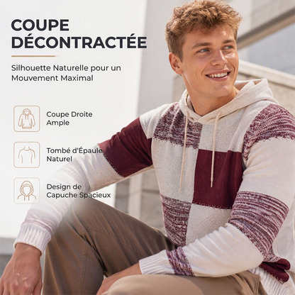 Pull en maille à capuche pour homme, style décontracté, avec patchwork à carreaux