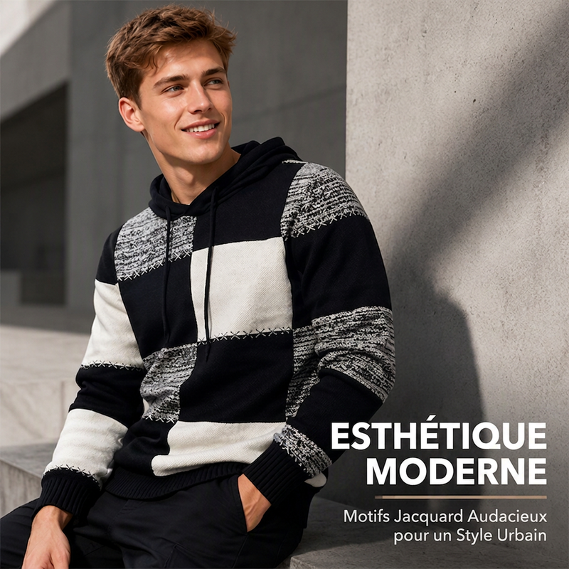 Pull en maille à capuche pour homme, style décontracté, avec patchwork à carreaux