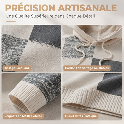 Pull en maille à capuche pour homme, style décontracté, avec patchwork à carreaux