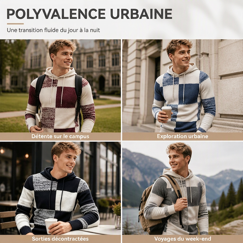 Pull en maille à capuche pour homme, style décontracté, avec patchwork à carreaux