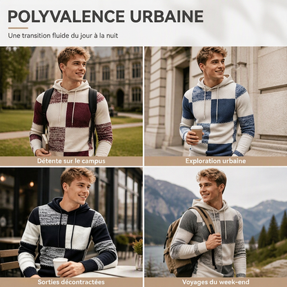 Pull en maille à capuche pour homme, style décontracté, avec patchwork à carreaux