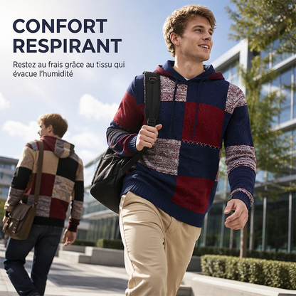 Pull en maille à capuche pour homme, style décontracté, avec patchwork à carreaux